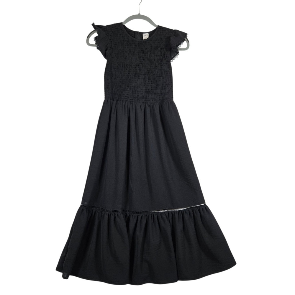 Melrose & Market Midi Dress Womens Small Solid Black Flutter‎ Cap Sleeve Smocked